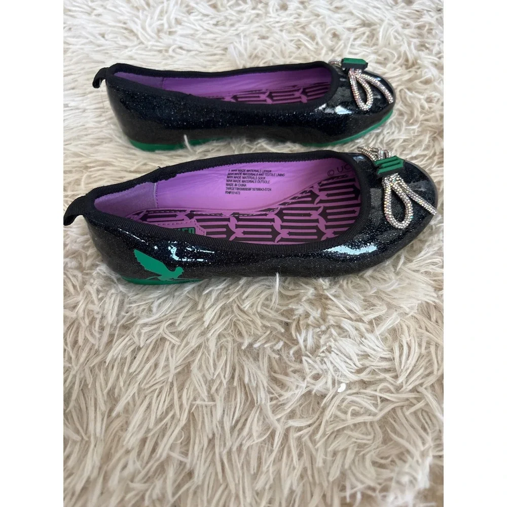 Wicked Ground Up Black Glitter Bow Ballet‎ Flats Green Sole Sparkle Shoes NWOT